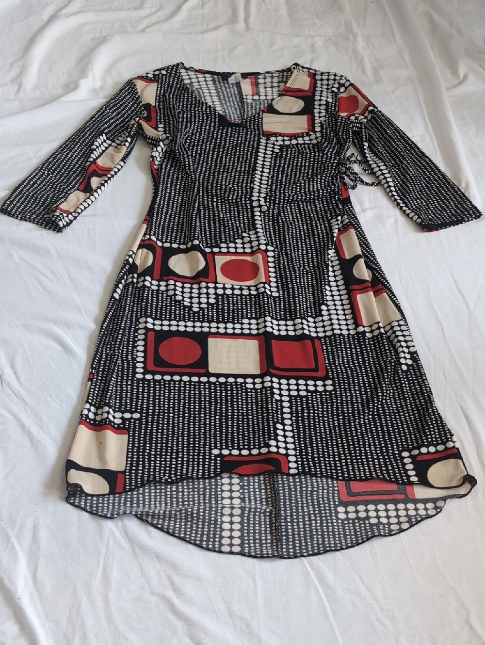 Black Geometric High-Low Dress with Red & Cream Accents